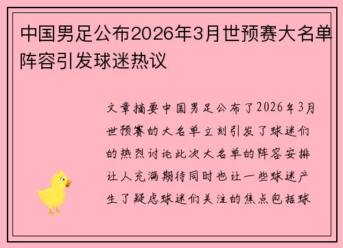中国男足公布2026年3月世预赛大名单阵容引发球迷热议
