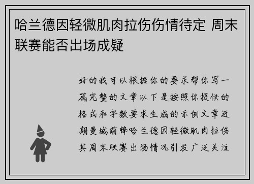 哈兰德因轻微肌肉拉伤伤情待定 周末联赛能否出场成疑